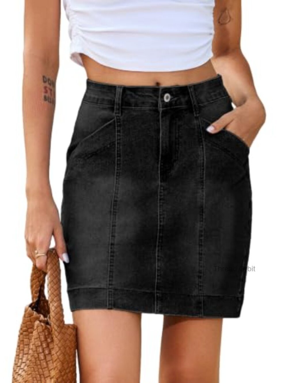 High Waisted Stretch Denim Mini Skirt with Pockets